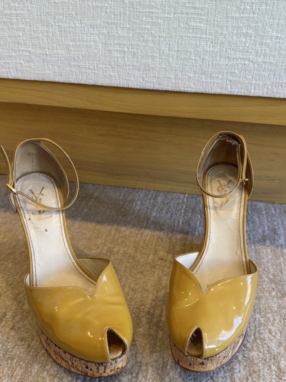 Yves Saint Laurent Patent Leather Yellow & Tam Cork Wedge Sandals